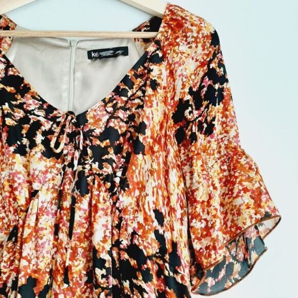 KENZIE Pretty / 100% Silk Flowy V-Neck Midi Knee Length Dress Abstract Floral M - Picture 5 of 15